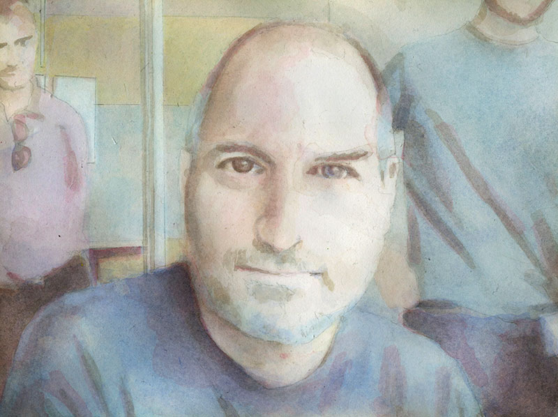 Steve Jobs, staring at the first version of Photo Booth. All watercolors courtesy of David Pierce